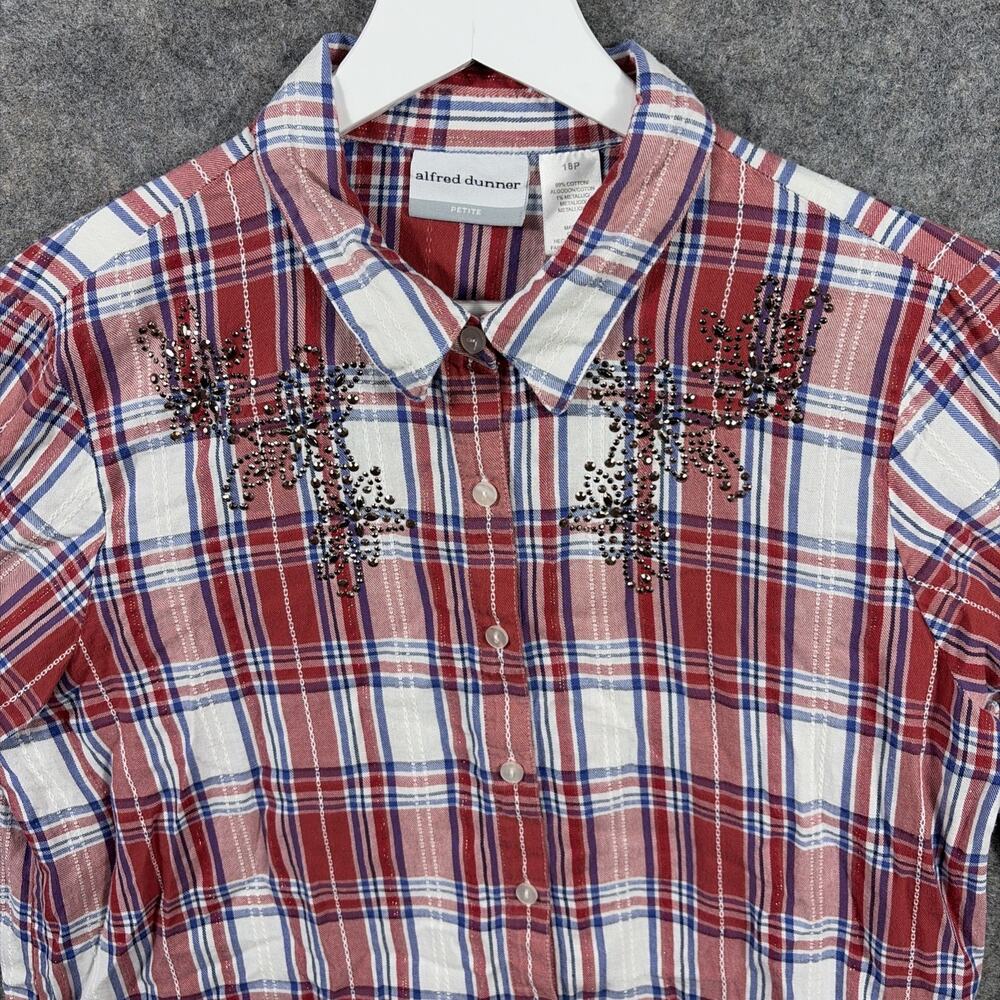 Alfred Dunner Women's‎ Red Plaid 3/4 Sleeve Button Front Top Floral Beading 18P - Picture 2 of 10